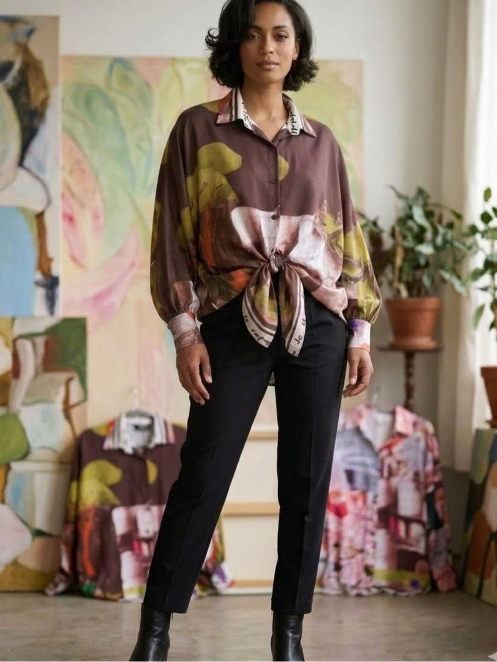 ITOO Italy Artistic Printed Silk Button-Up Shirt in Brown & Green New size Small